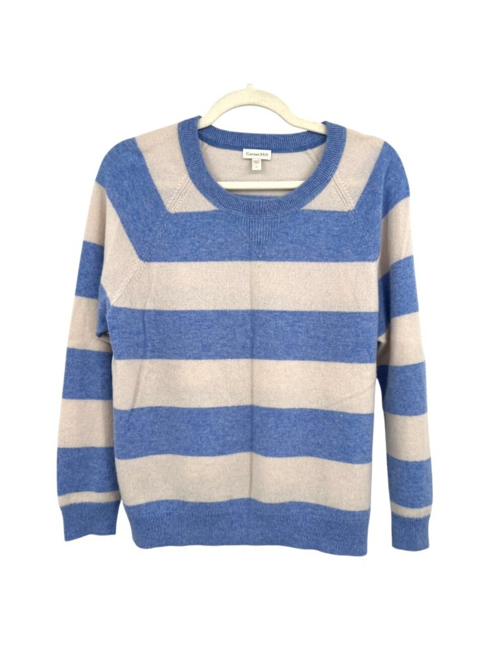 Garnet Hill Striped Cashmere Washable Blue Ivory Size Large Soft Crewneck
